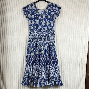Soft Surroundings Kara Blue white Floral Tiered Short Sleeve long midi Dress S